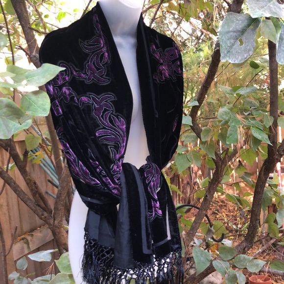 VTG Stunning PURPLE BLACK silk burnout VELVET long fringe art deco wrap shawl - Picture 2 of 15